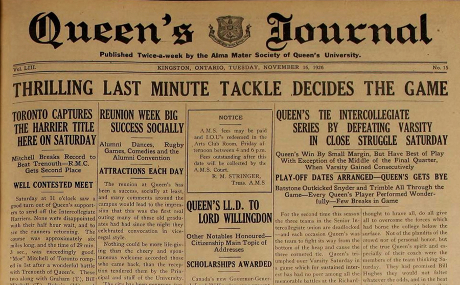 The front page of the Nov. 16, 1926, edition of the Queen’s Journal.