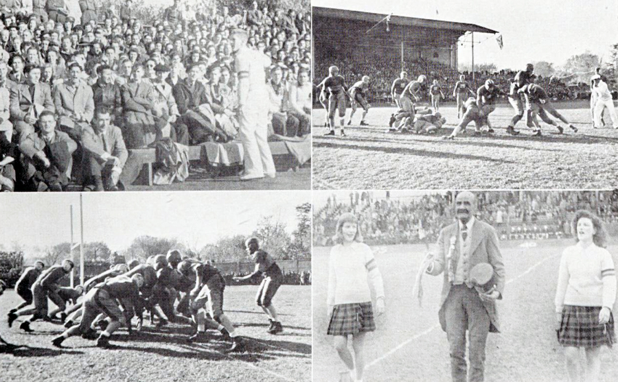 Collage of four scenes showing the football game at Queen's University in 1945.