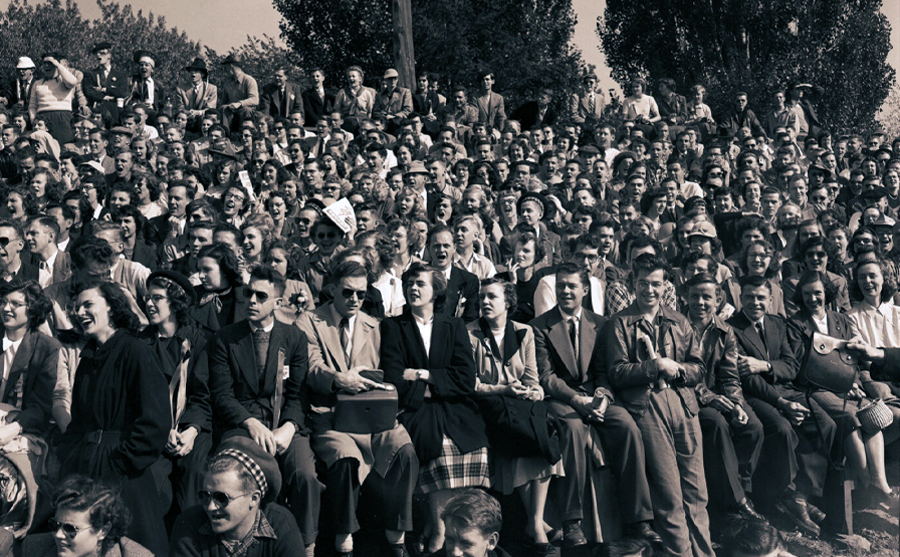 Scene of Homecoming 1950 with about 10,000 students and alumni packed Richardson Stadium.