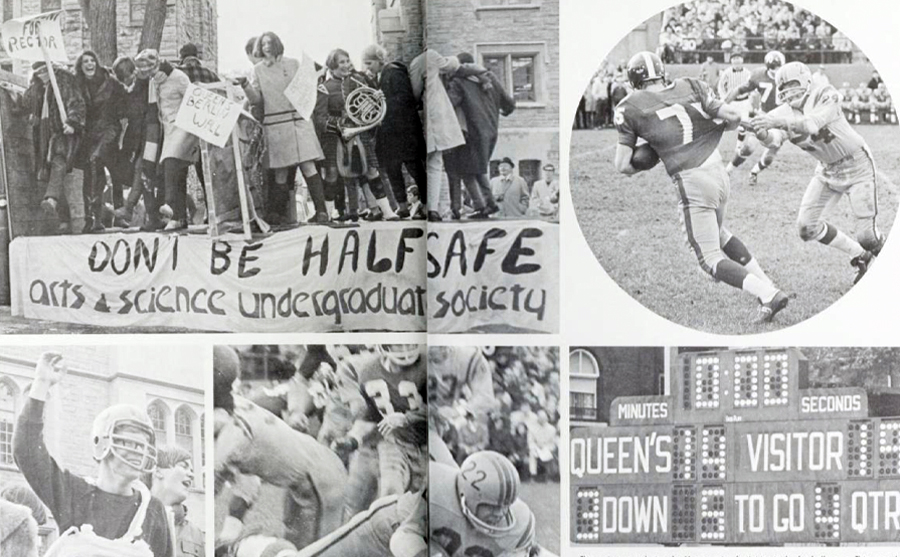 Collage of scenes related to Homecoming 1967, portraying the football game and the Arts & Science celebration.