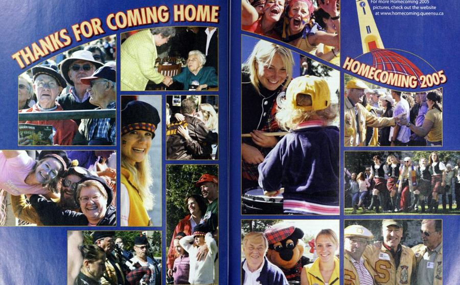 Collage of the Homecoming celebration, featuring alumni and appreciation words over a blue background and decorated with illustration motives.