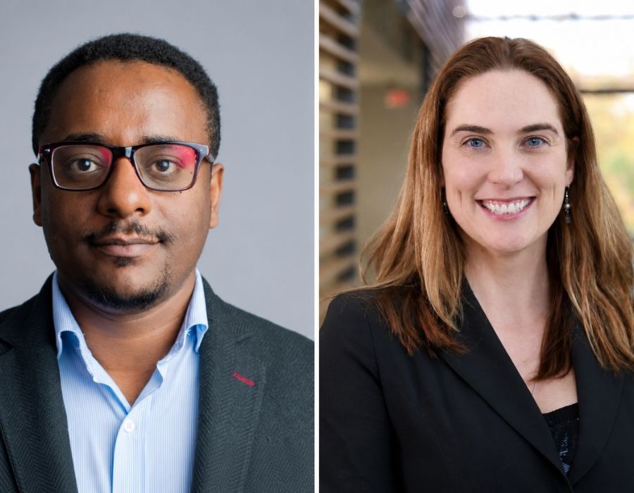 Zelalem Demeke, OT'20, and Heather Aldersey, both in suits, discuss their partnership in rehabilitation therapy.