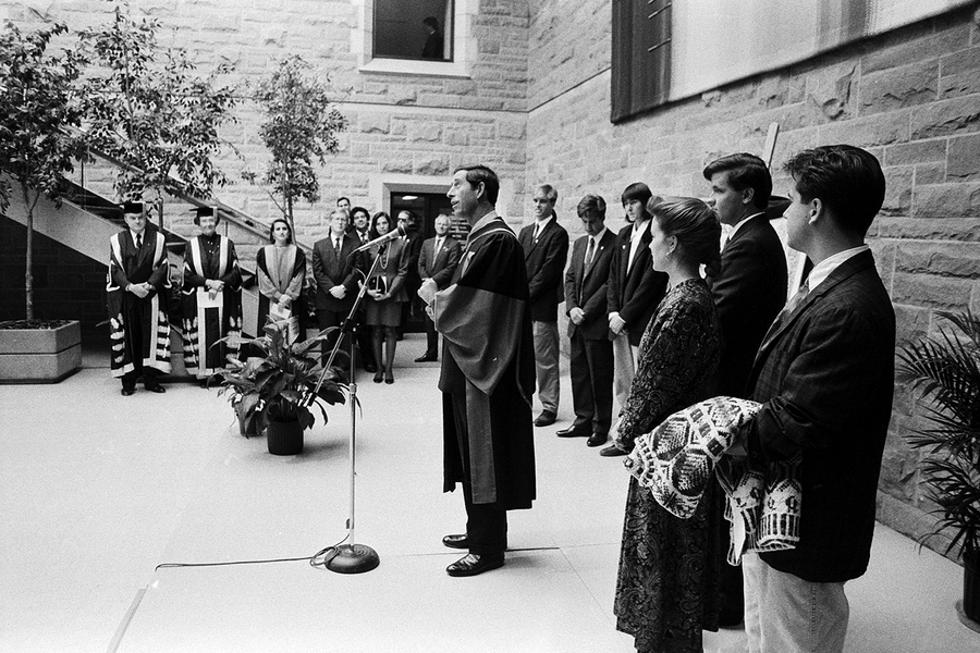 Prince Charles speaks at the JDUC in October 1991 before unveiling the replica of Queen’s Royal Charter during the university’s sesquicentennial celebrations. (Queen’s University Archives)