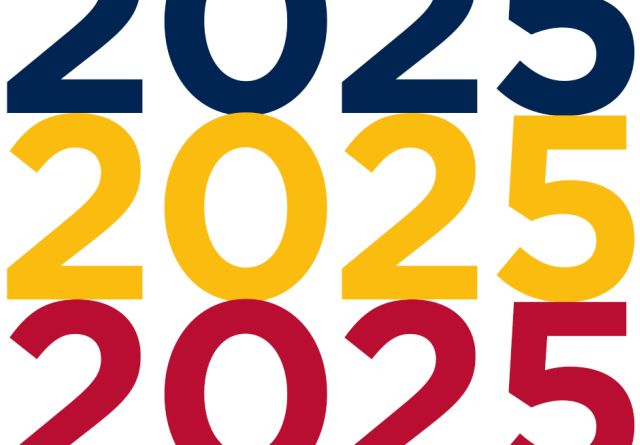 A graphic displaying the year 2025 three times in vertical alignment - one blue, one red, one yellow.