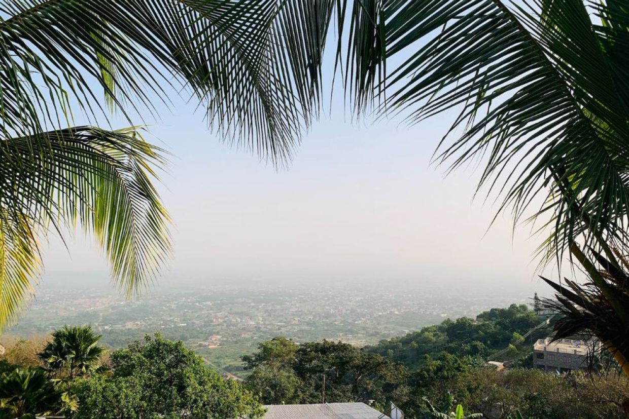 View framed by palm tree leaves of Peduase, Ghana.