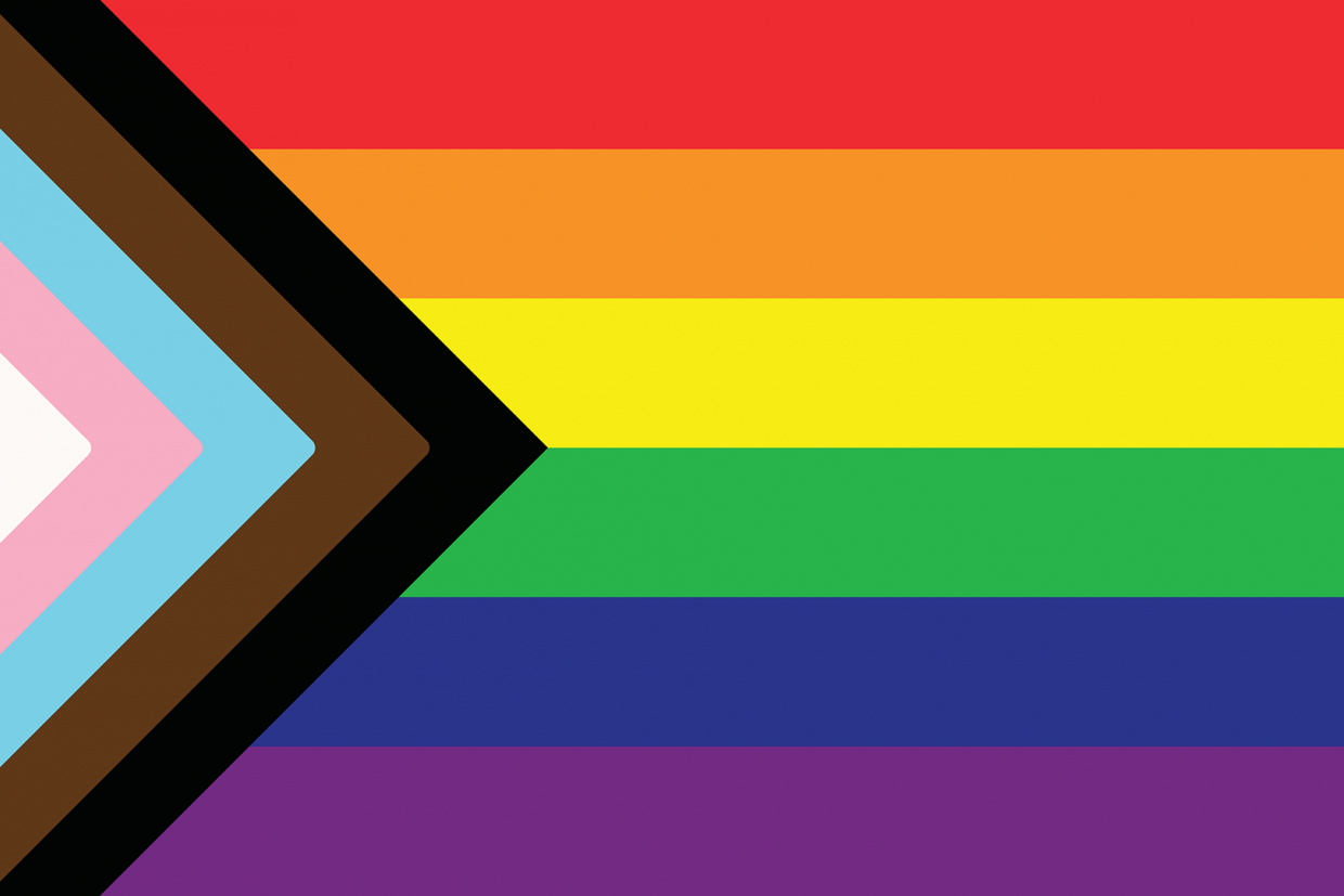 Pride flag featuring eleven colours in solidarity for Indigenous history month and pride month. Queen's University watermark is in the lower right corner.