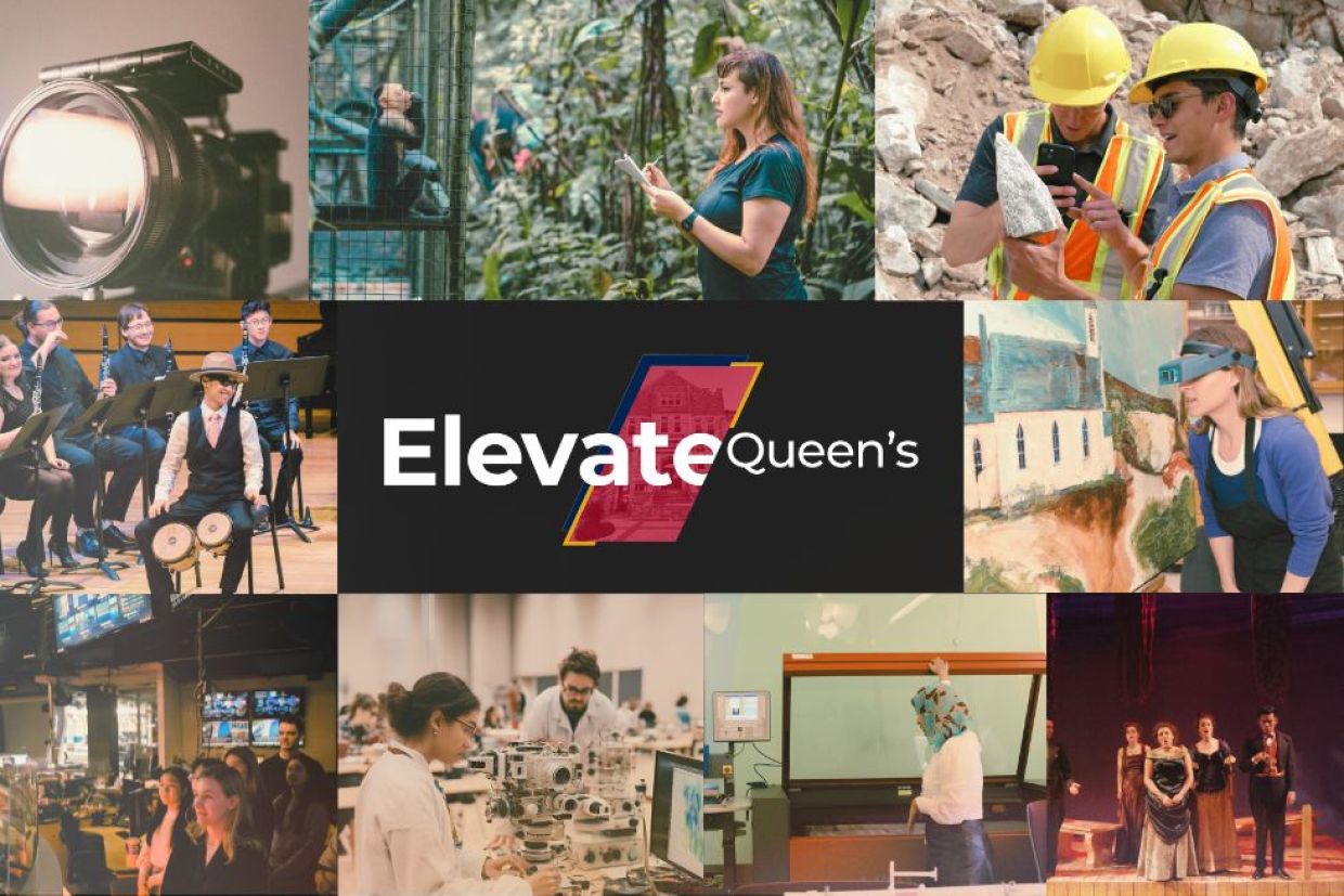 Collage of images of students in different learning settings with Elevate Queen's in the middle