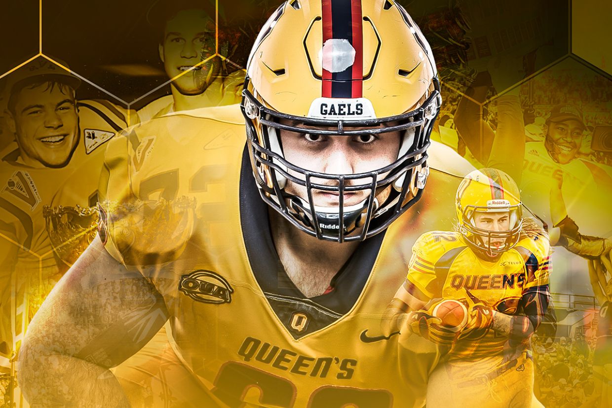 Queen's football player on a yellow background