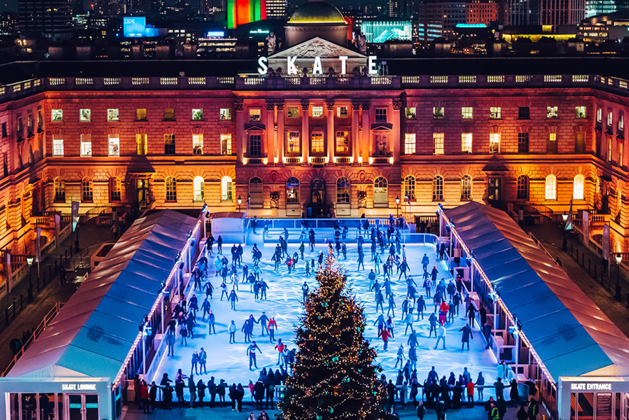 Aerial view of the skating rink at Somerset House, London.