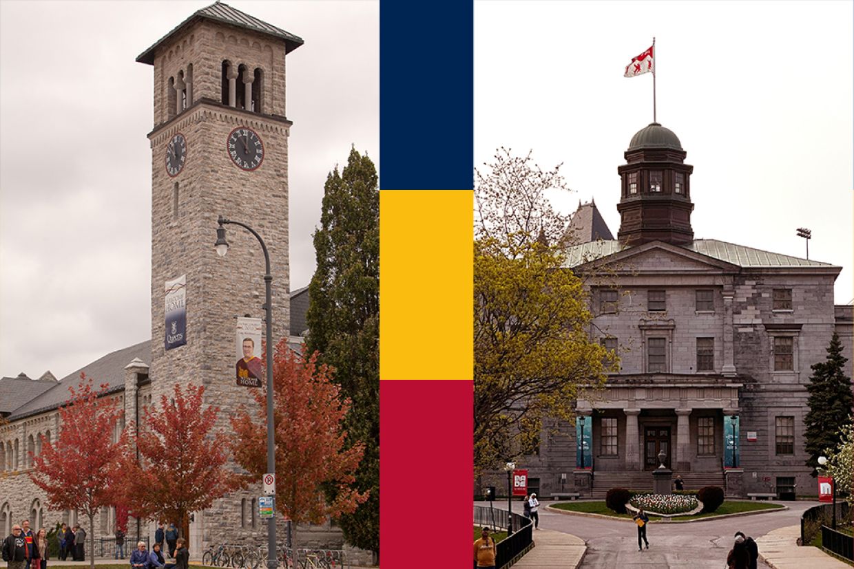 Grant Hall and the McGill Arts Building with tricolour detail