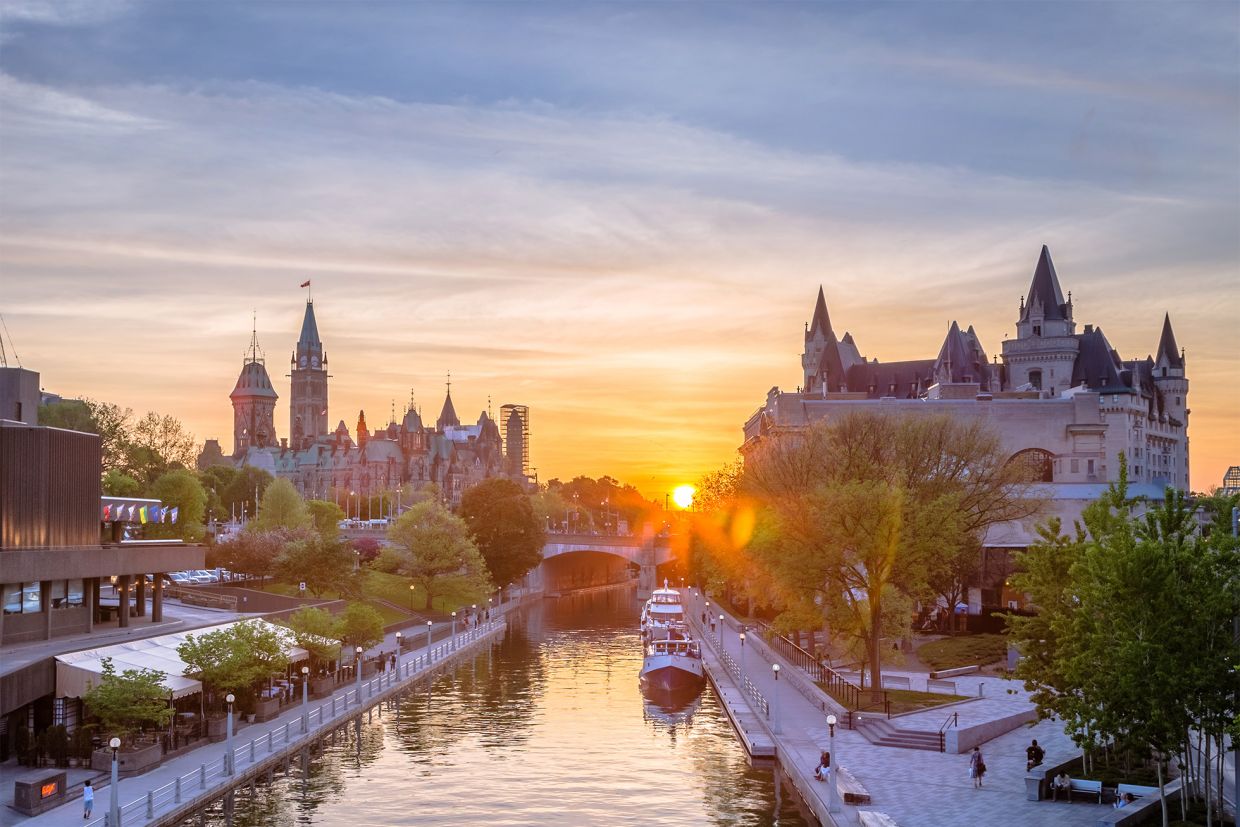 A view down the Rideau Canal towards the Ottawa River at sunset