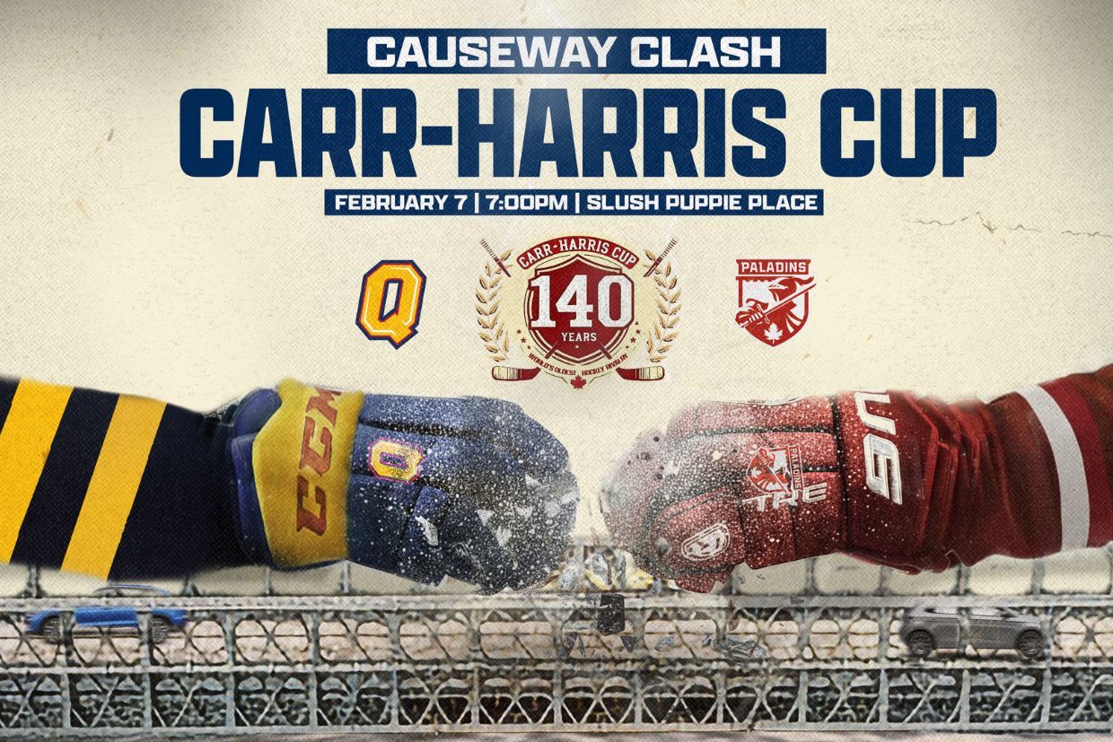 A pair of hockey gloves in front of a car, highlighting the Carr-Harris Challenge Cup 140 Year Anniversary Game.