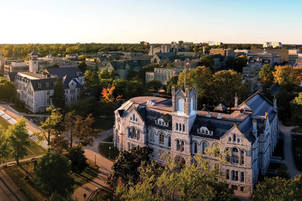 Aerial view of Queen's University featuring its distinctive buildings and vibrant campus atmosphere.