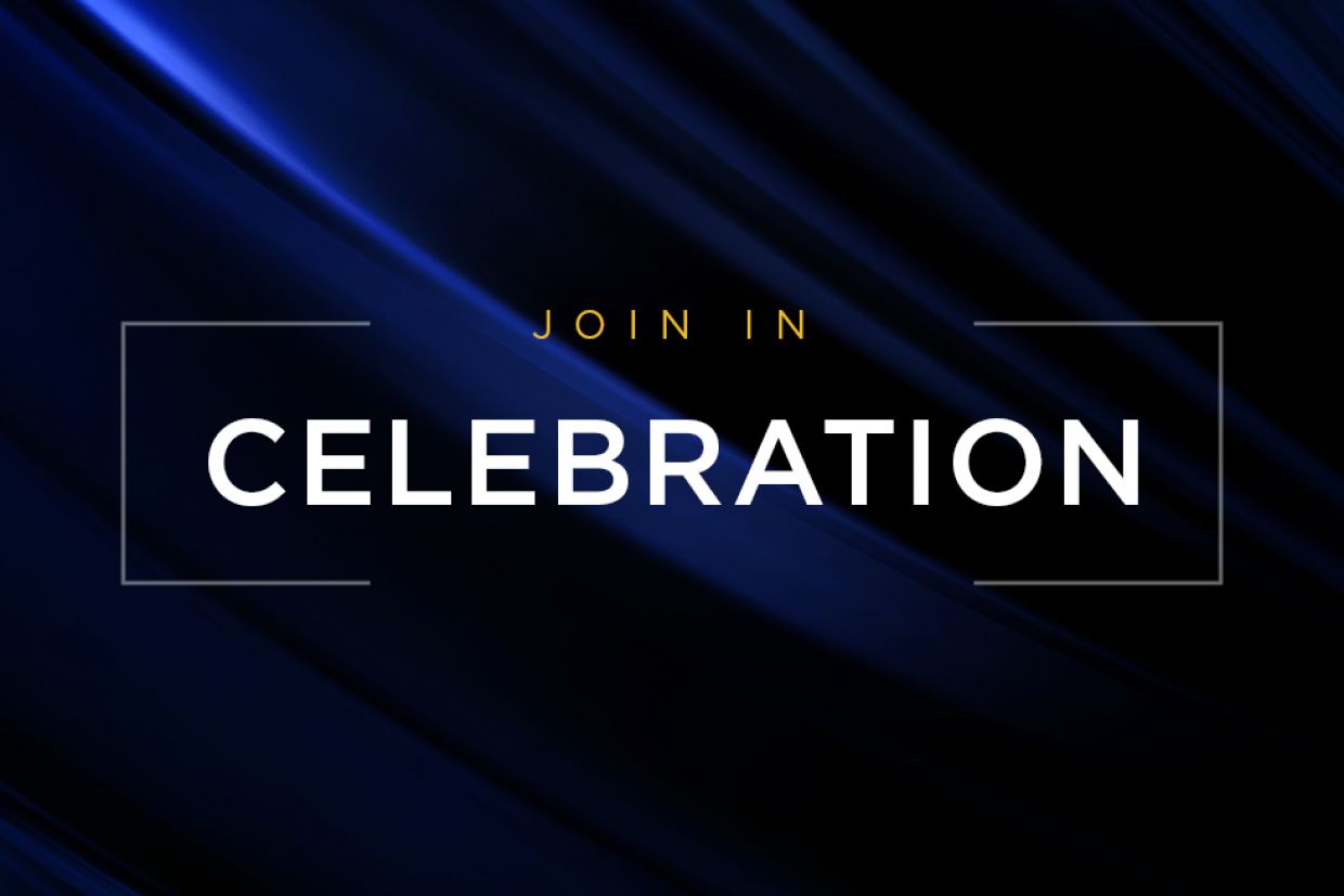 Text on image "Join in celebration", against a navy blue background