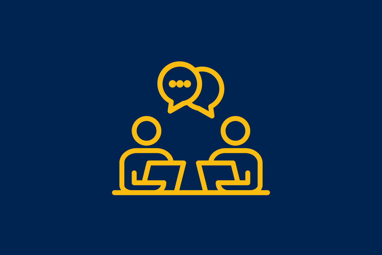 cartoon of two people at computers with thought bubbles