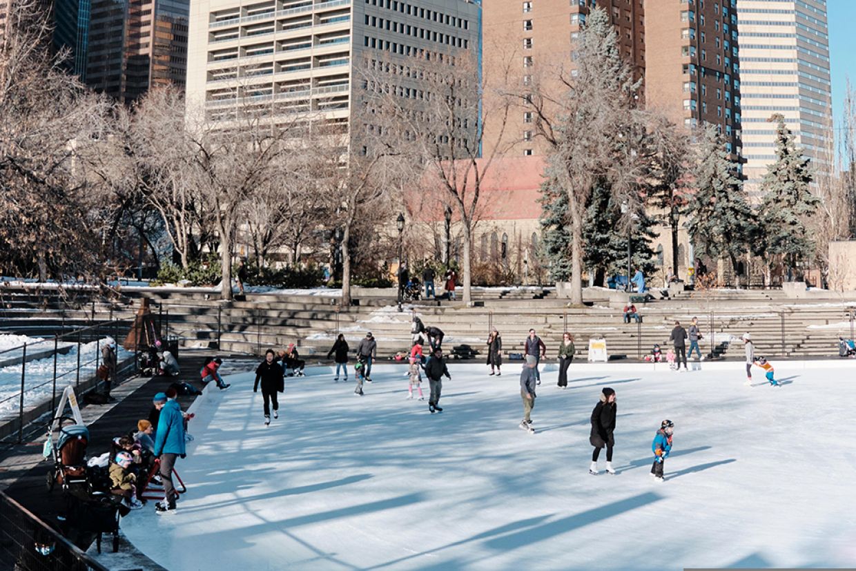 People skating on the Olympic Plaza rink in Calgary