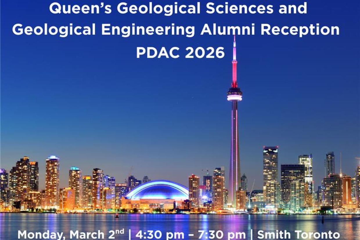Promo banner of the Toronto PDAC 2026 GSGE Alumni Reception with Toronto skyline as a background with a frame of stone. 