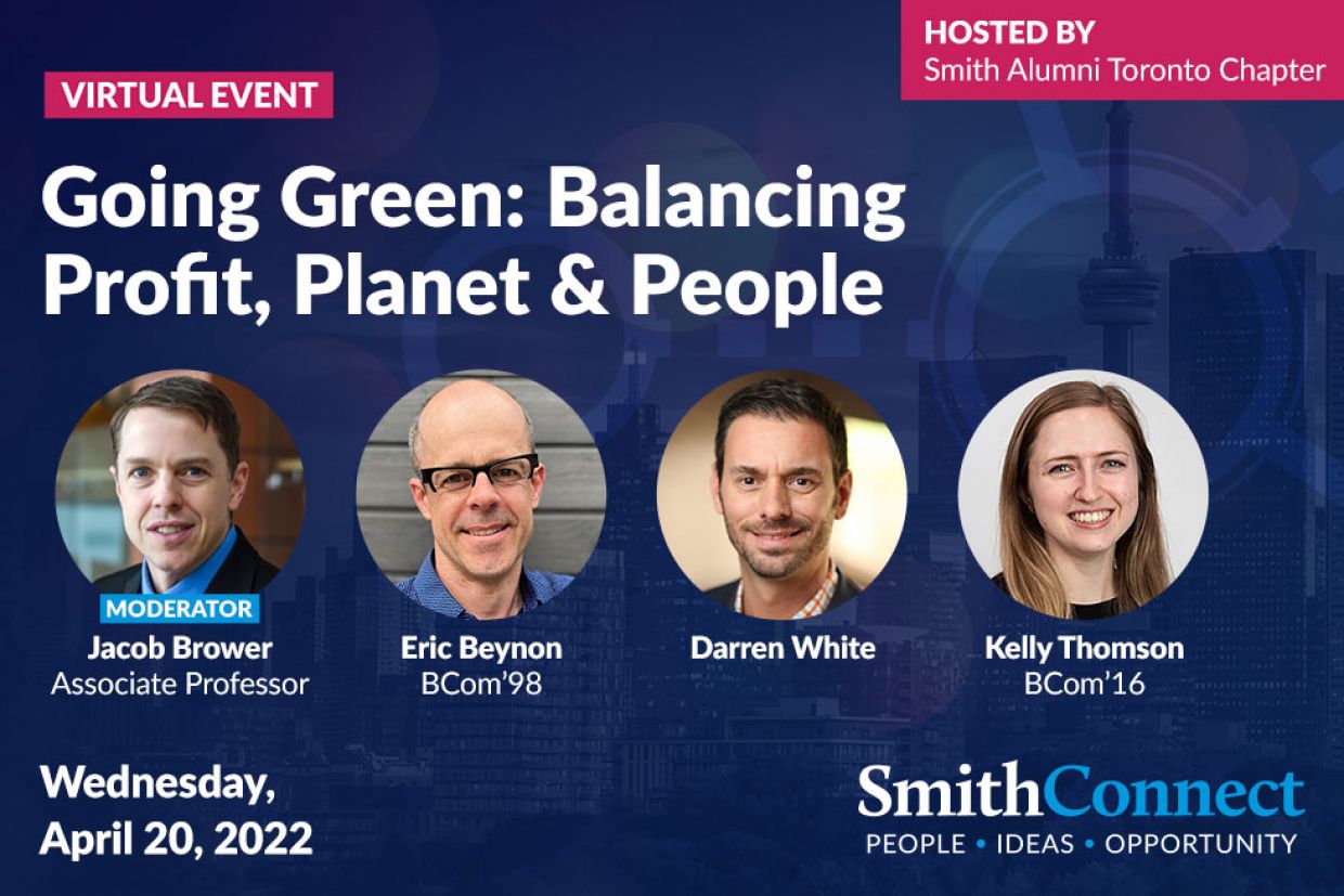 Going Green: Balancing Profit, Planet & People, Head shots of Jake Brouwer, Eric Beynon, Darren White, and Kelly Thomson on Wednesday, April 20 with the SmithConnect Logo