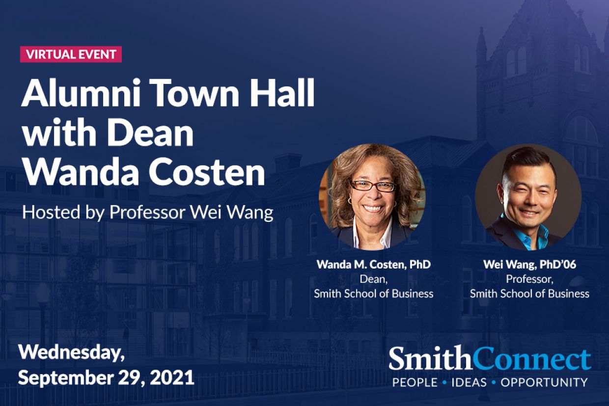 Alumni Town Hall with Dean Wanda Costen image including photo of Dean Costen and host Wei Wang, SmithConnect, People, Ideas, Opportunities, on Wednesday, September 29