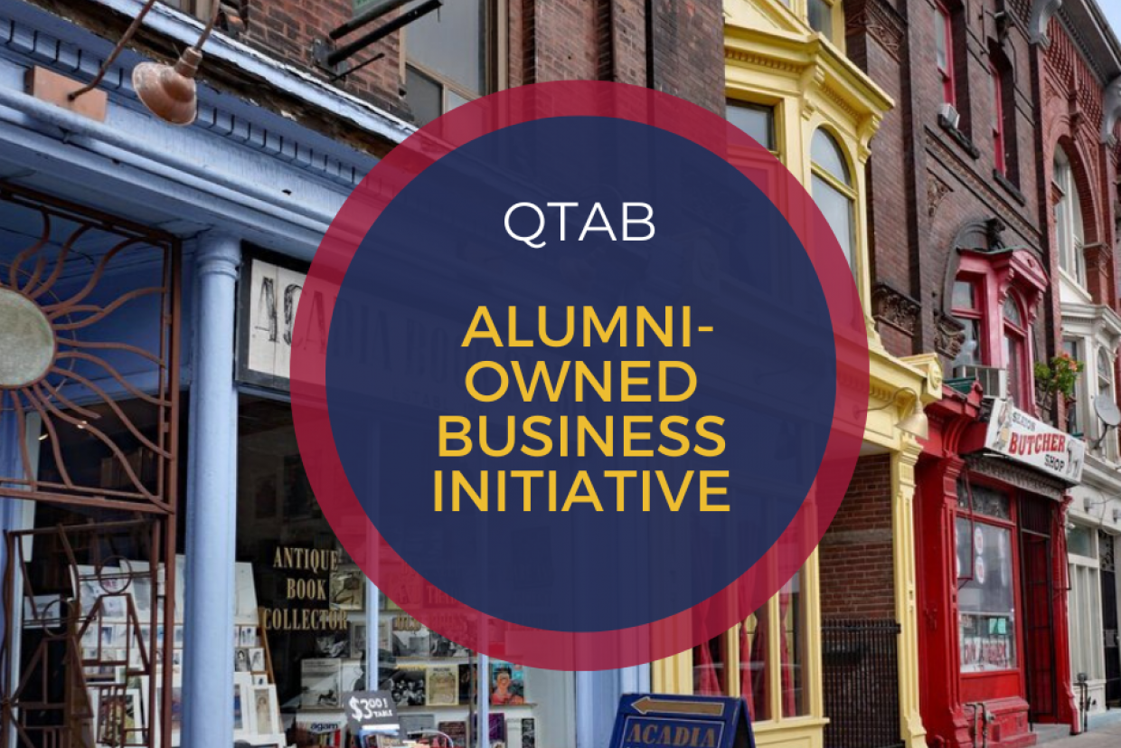 Toronto Alumni-Owned Business Initiative logo set in front of a row of businesses
