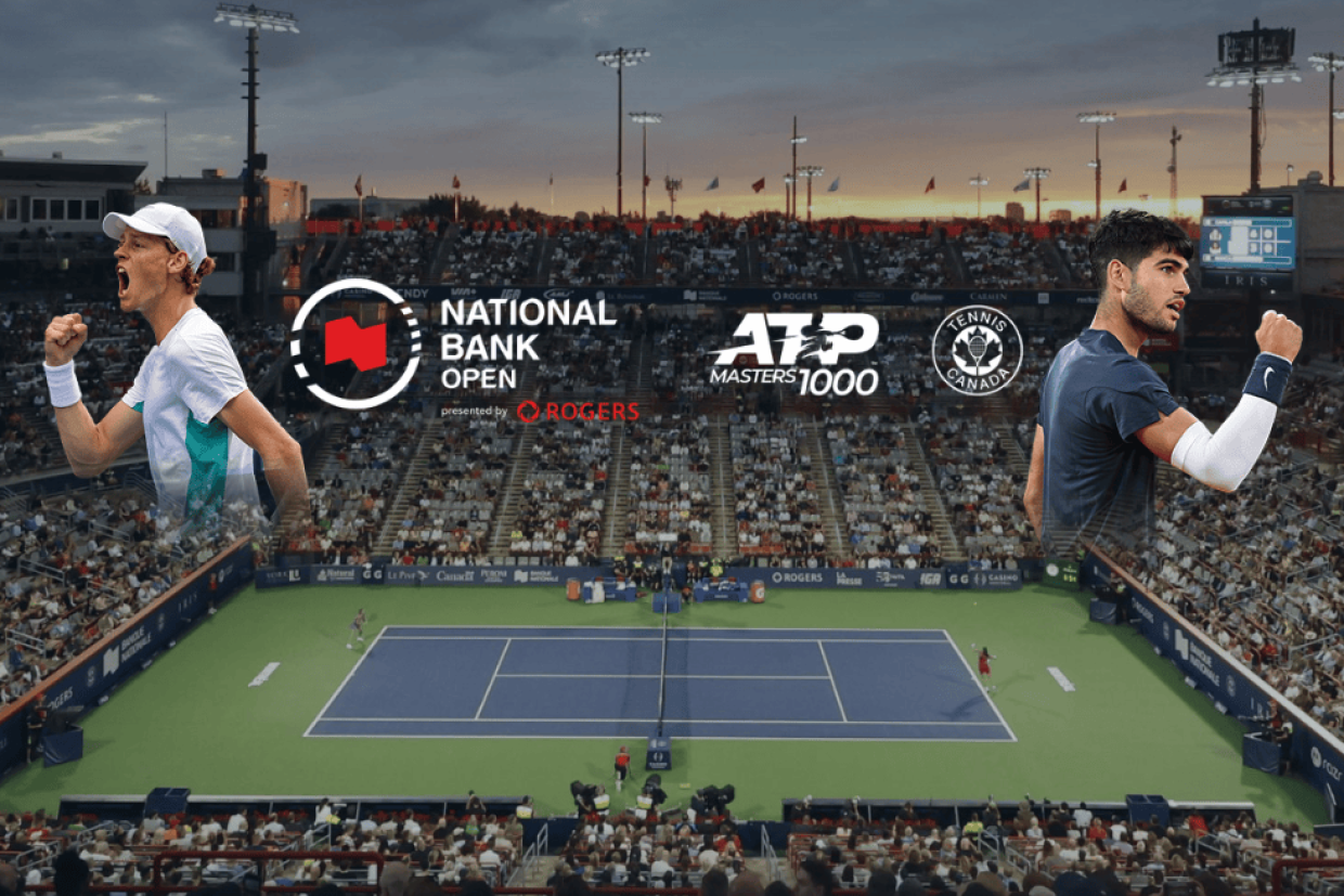 Tennis court featuring closeups of tennis players, National Bank Open logo, ATP Masters 1000 logo, and Tennis Canada logo.