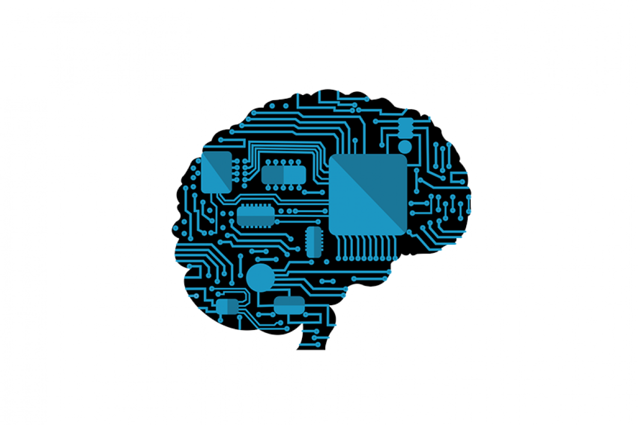 An image of a brain connected by circuits