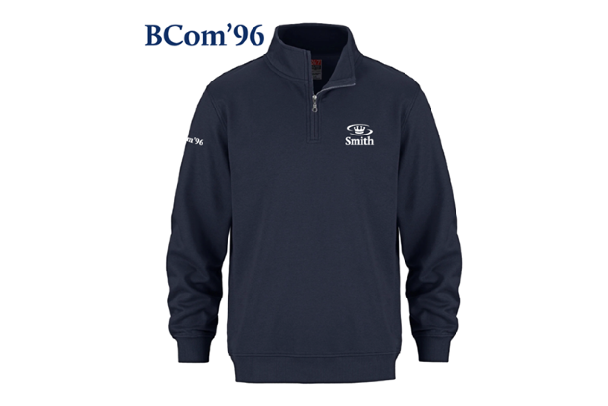 Long sleeve, quarter zip sweater with Smith logo on chest and BCom'96 on right sleeve