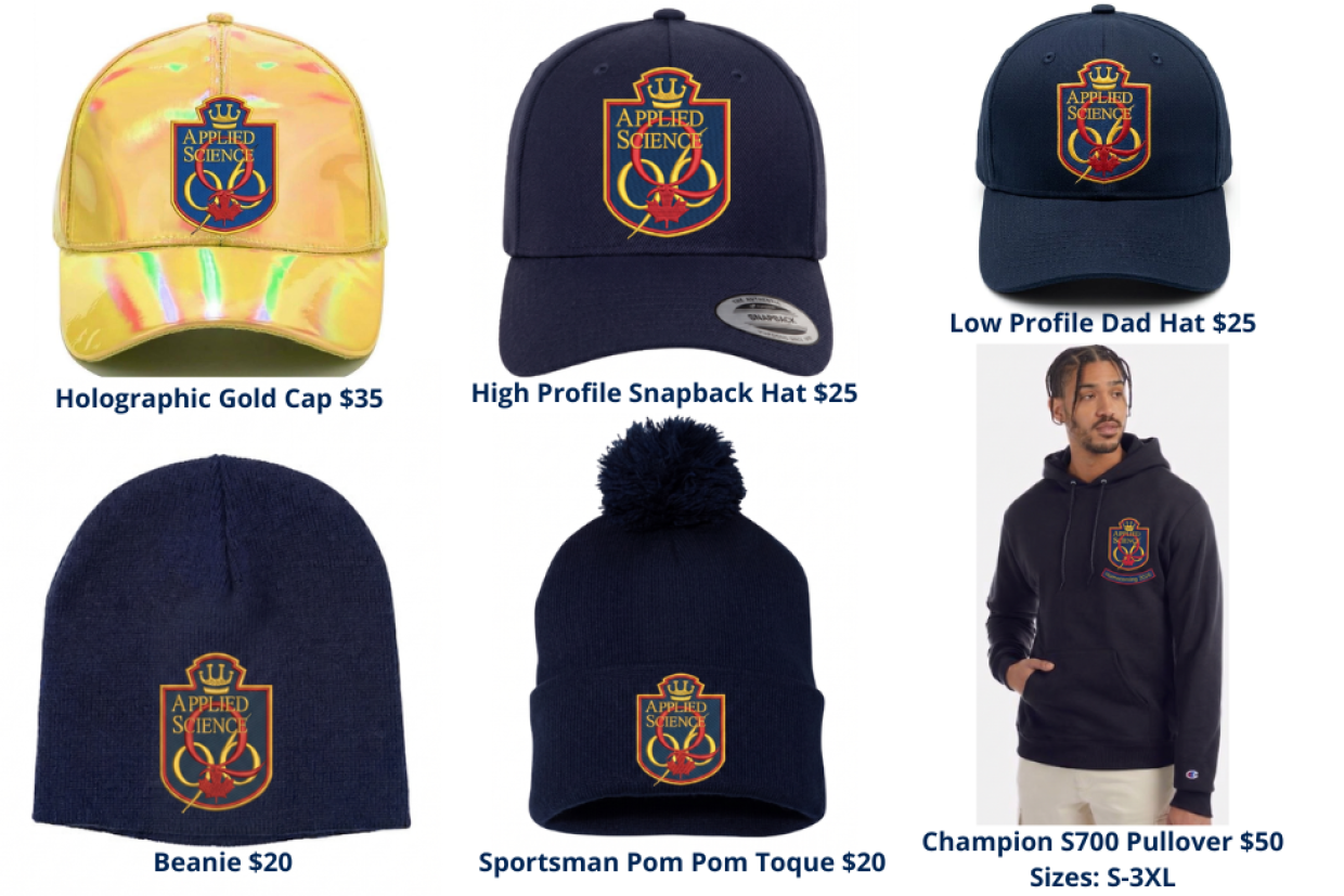 5 hats with Sc'96 crest and a pullover sweater 