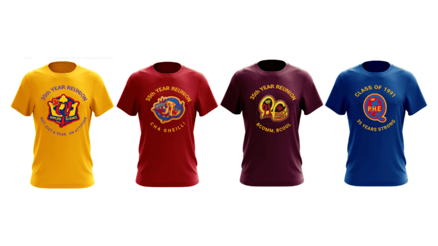 4 shirts with class crests, one yellow, red, maroon, and blue