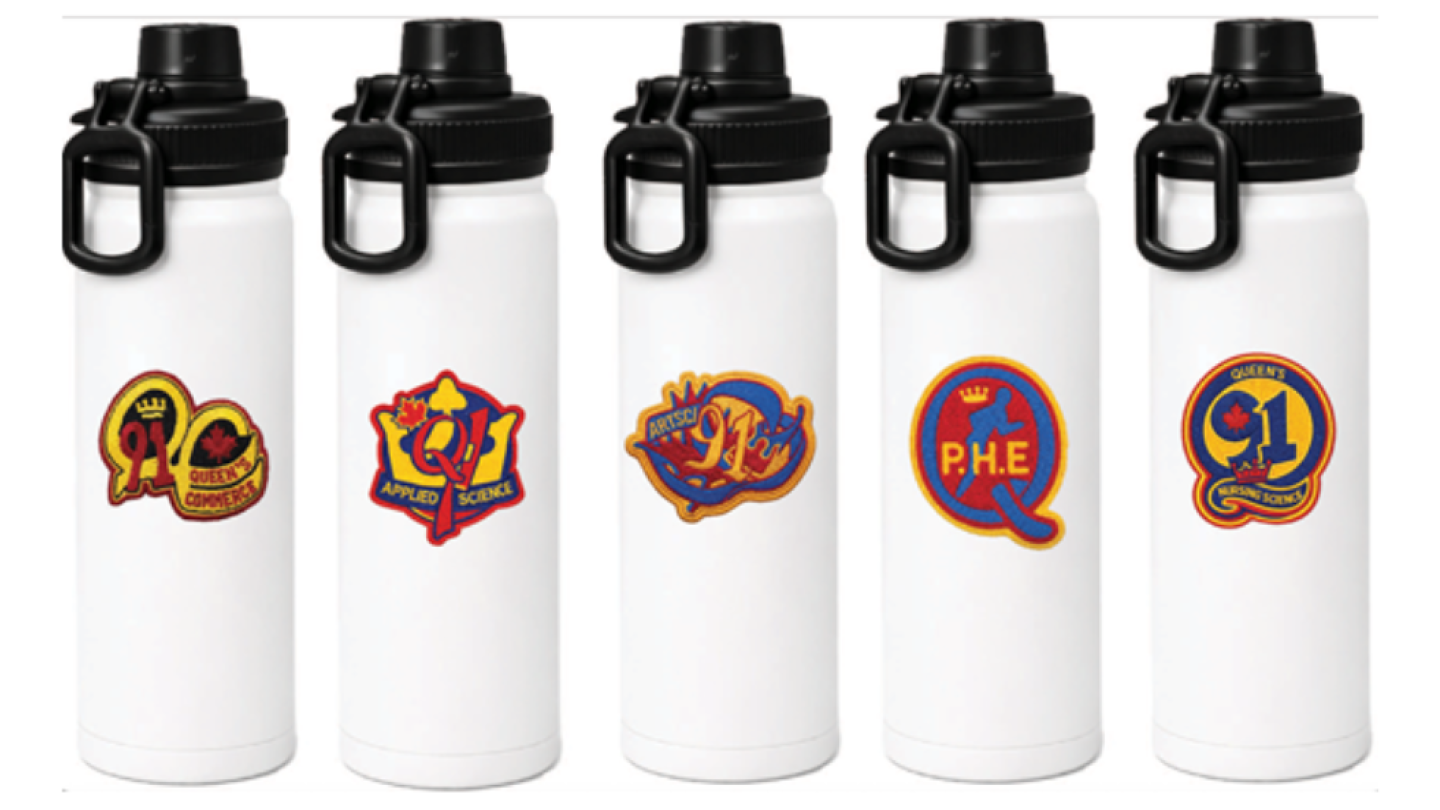 White water bottles with black caps featuring class crests