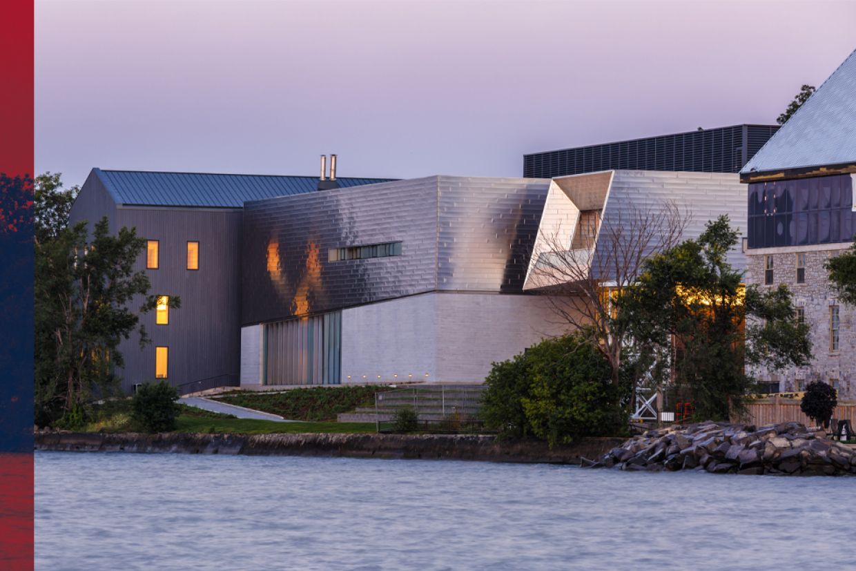 Isabel Bader Centre for the Performing Arts off Lake Ontario in twilight. 
