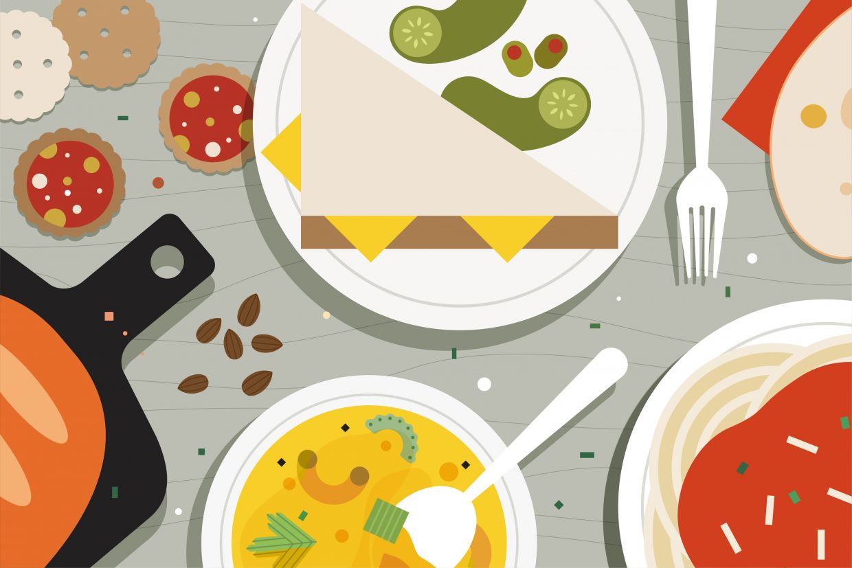 Illustration of a sandwich, soup, spaghetti, and bread