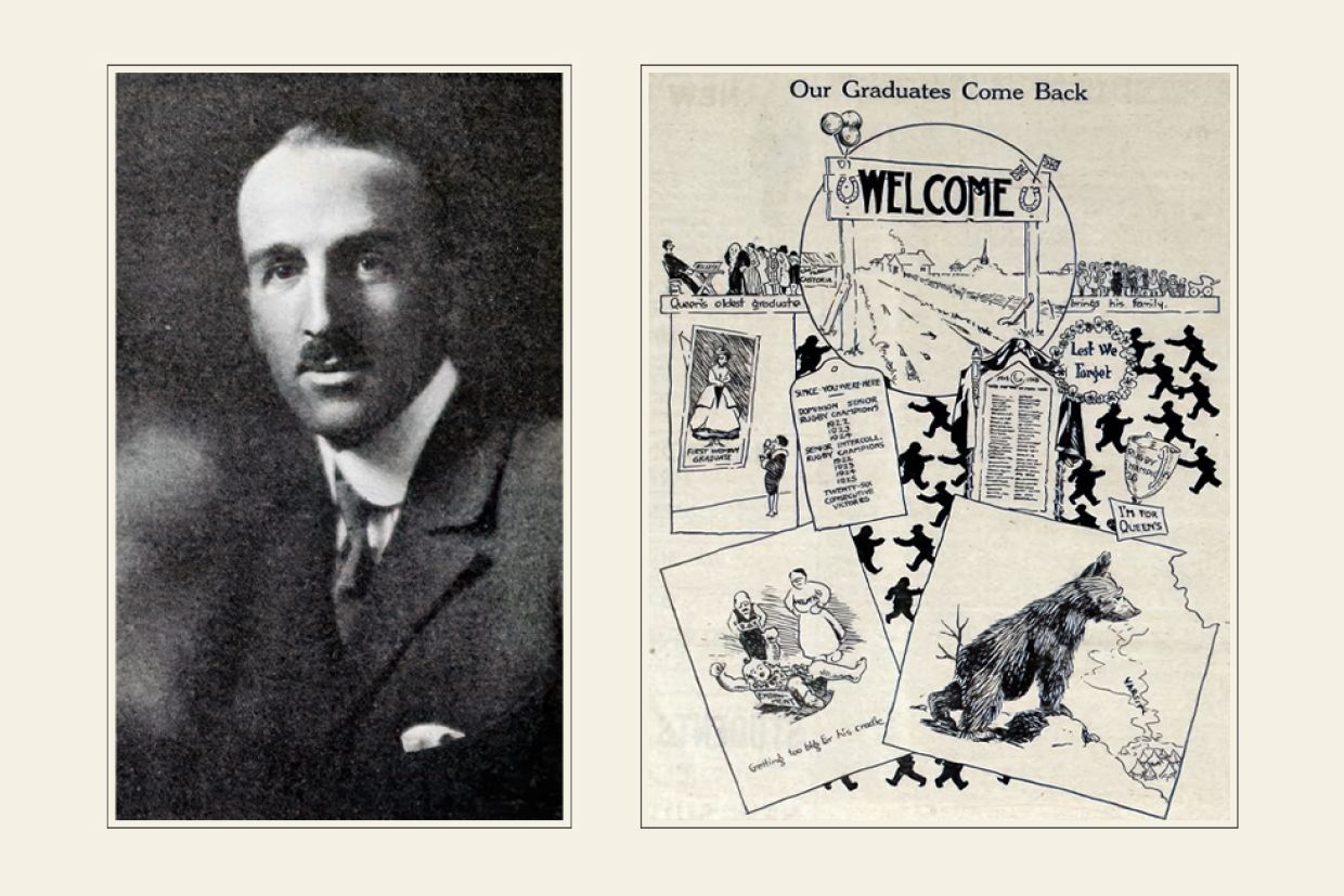 Two vintage black and white photos featuring a man and a poster, capturing a nostalgic moment in time.