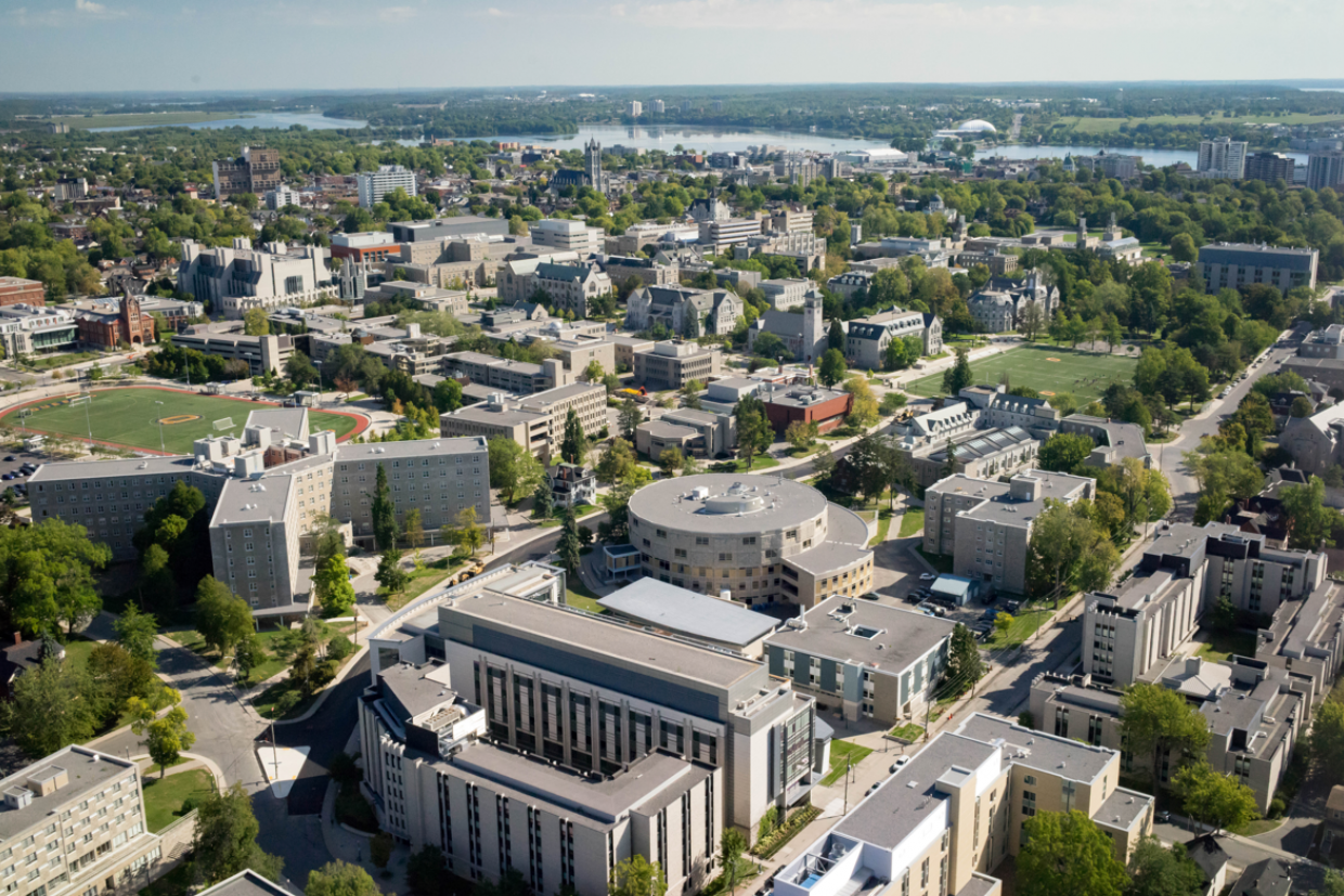 Drone shot above Queen's campus