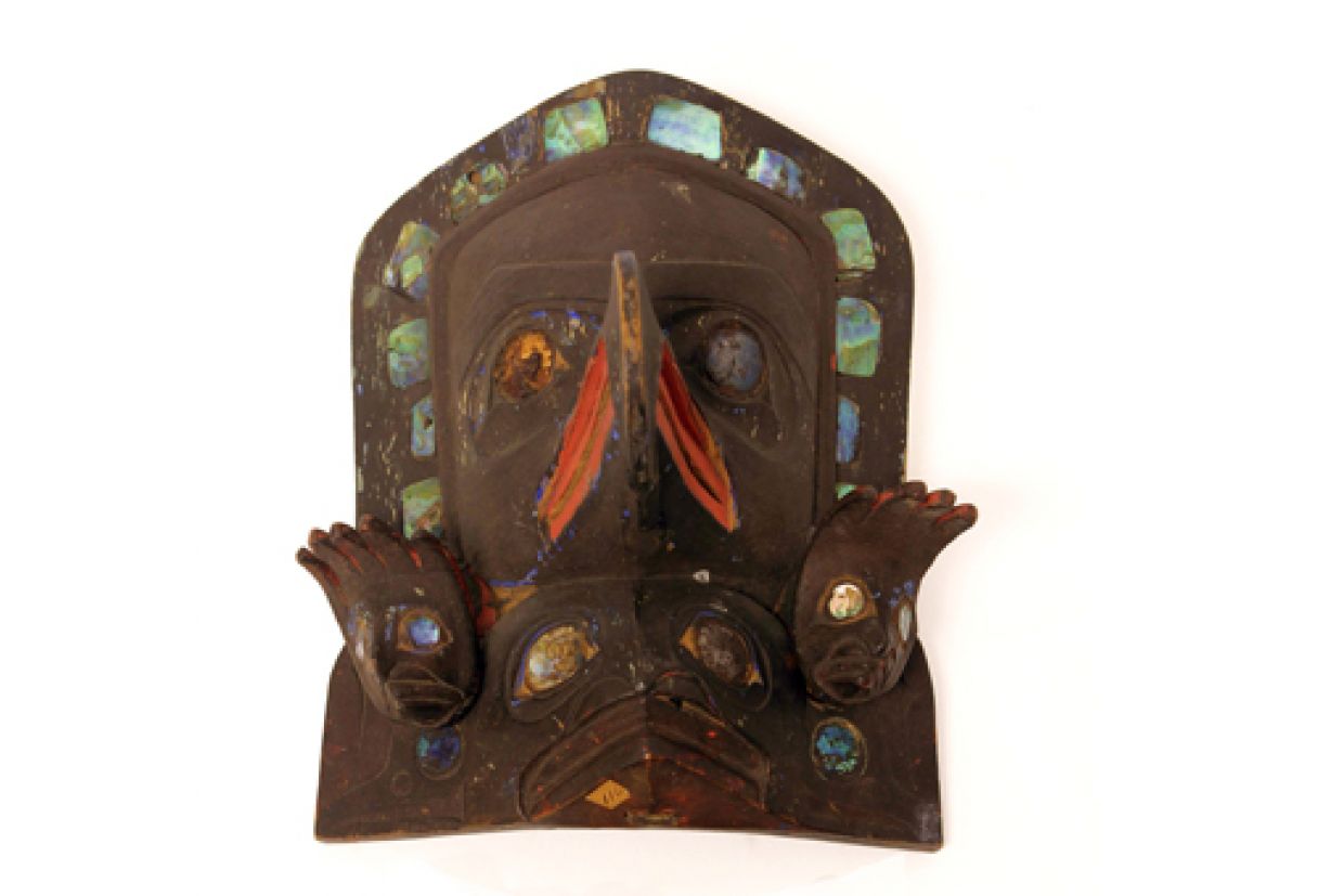 Indigenous frontlet mask made of wood, pain, abalone shell, metal and hide 