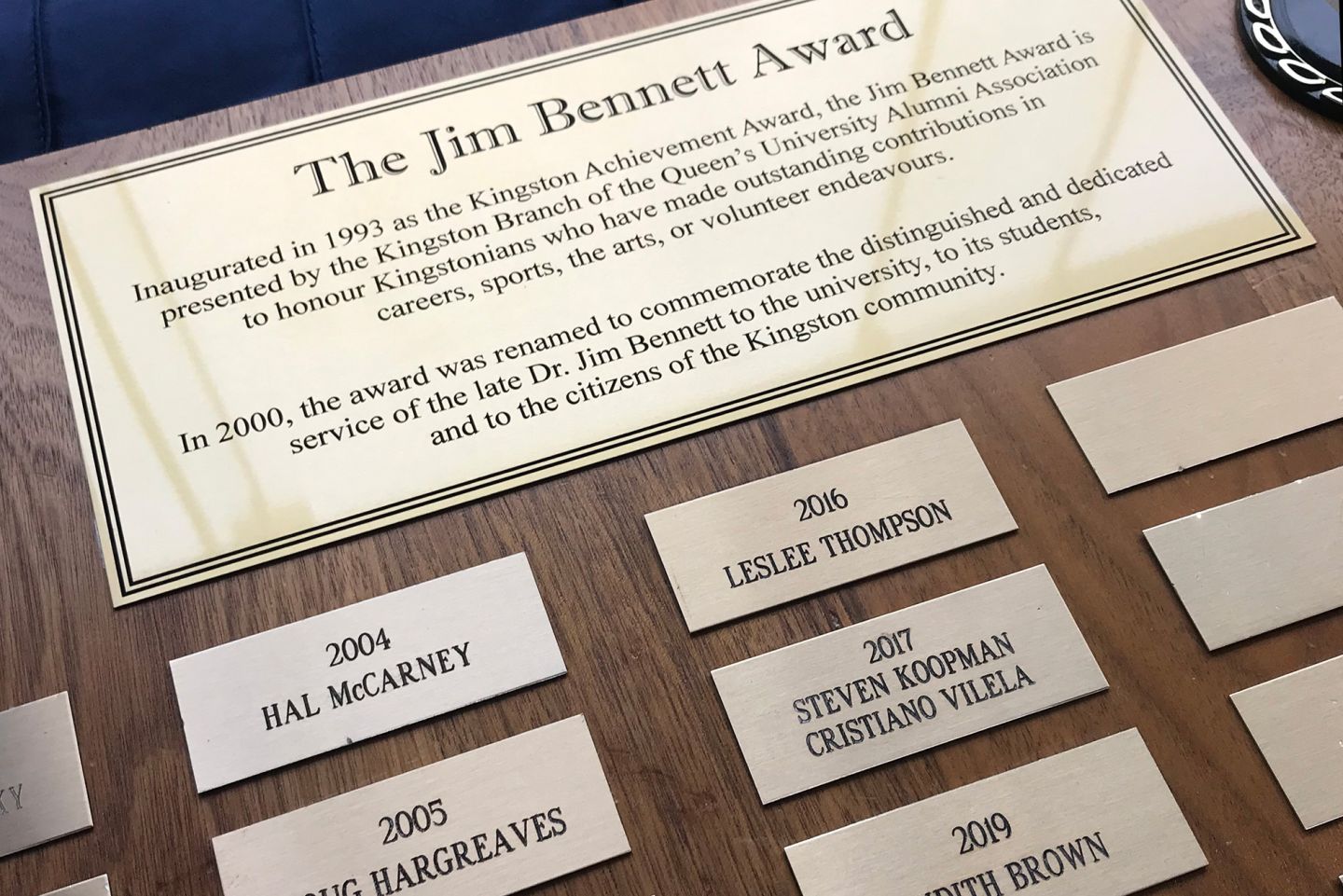 Jim Bennett Award plaque