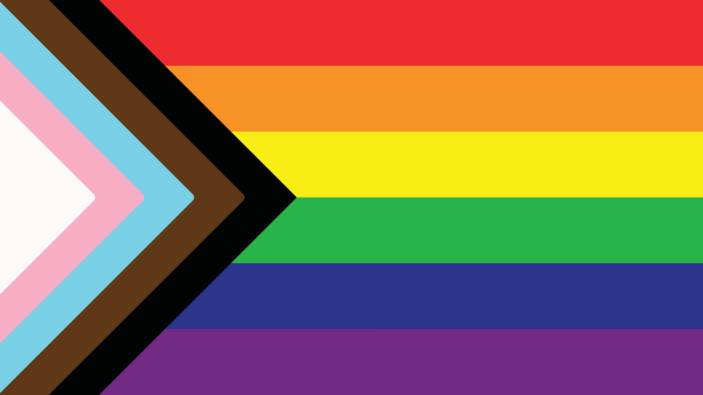 Pride flag featuring eleven colours in solidarity for Indigenous history month and pride month. Queen's University watermark is in the lower right corner.