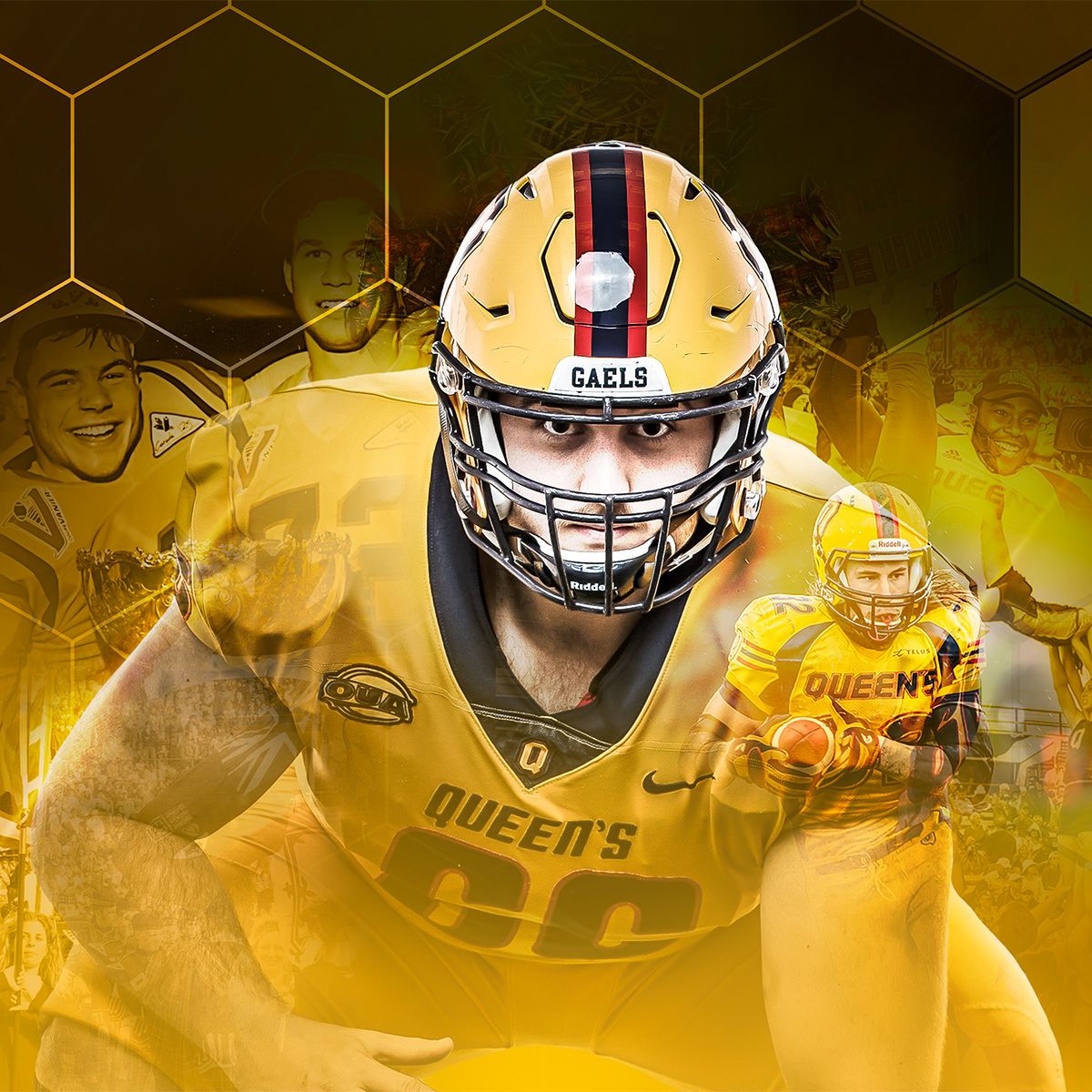 Queen's football player on a yellow background