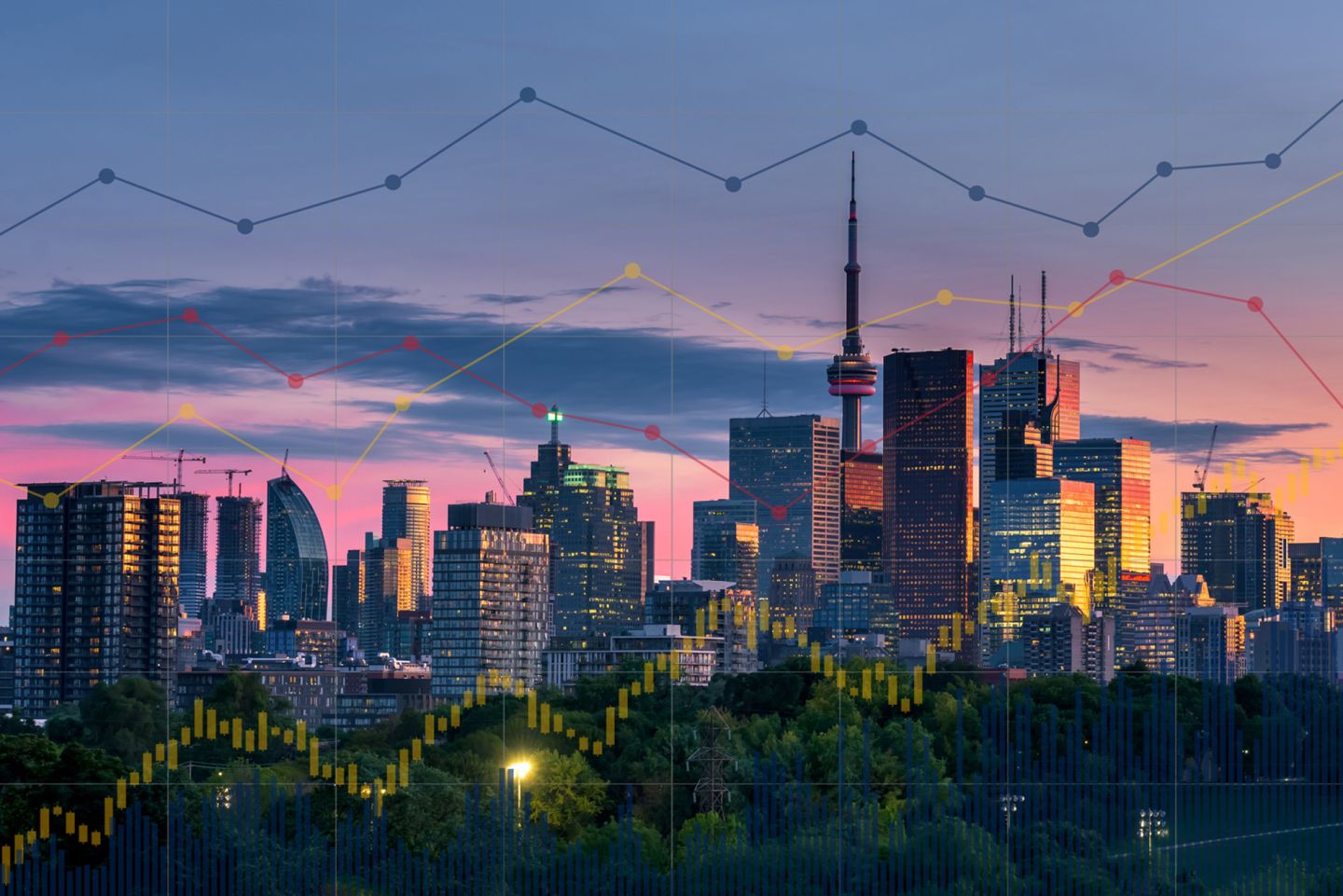 Toronto skyline overlaid with graphs