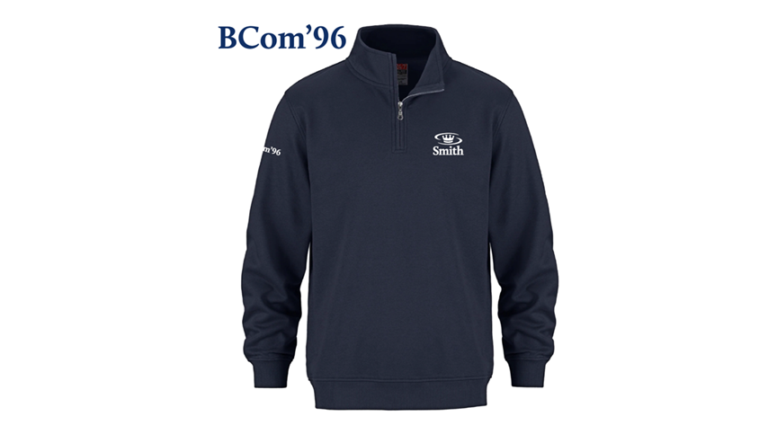 Long sleeve, quarter zip sweater with Smith logo on chest and BCom'96 on right sleeve