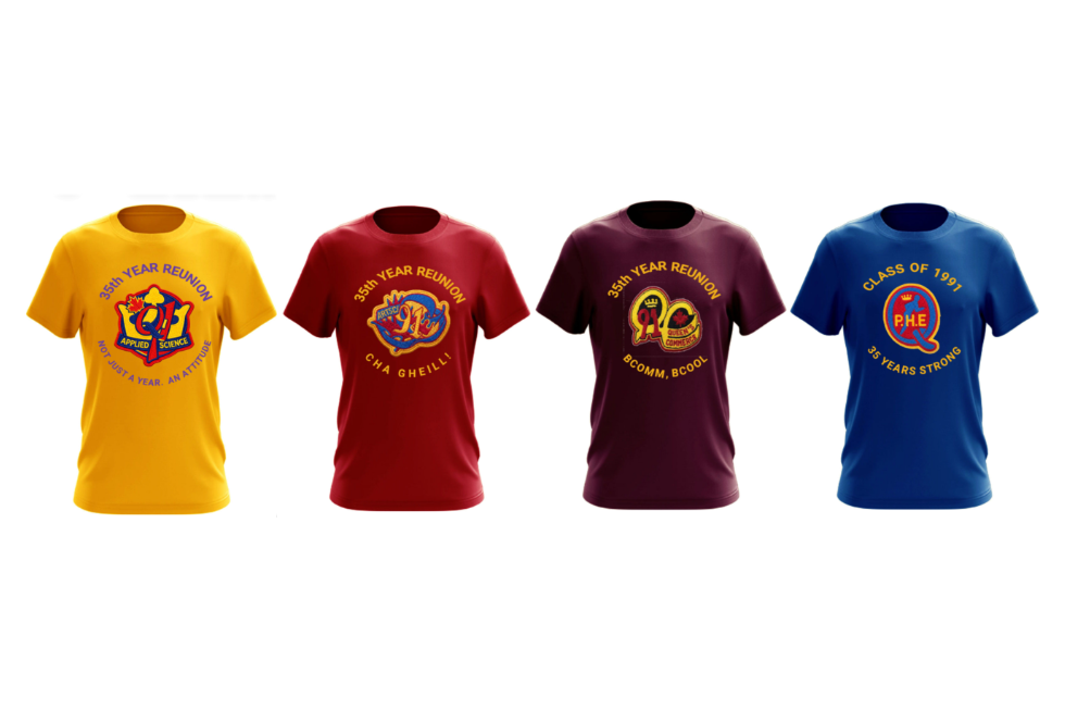 4 shirts with class crests, one yellow, red, maroon, and blue