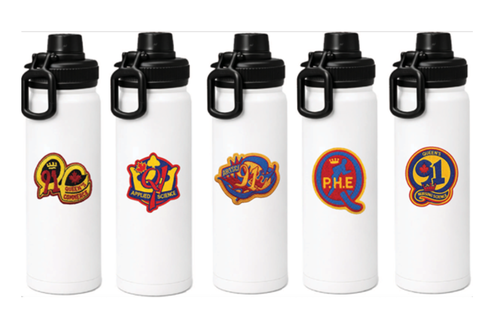White water bottles with black caps featuring class crests