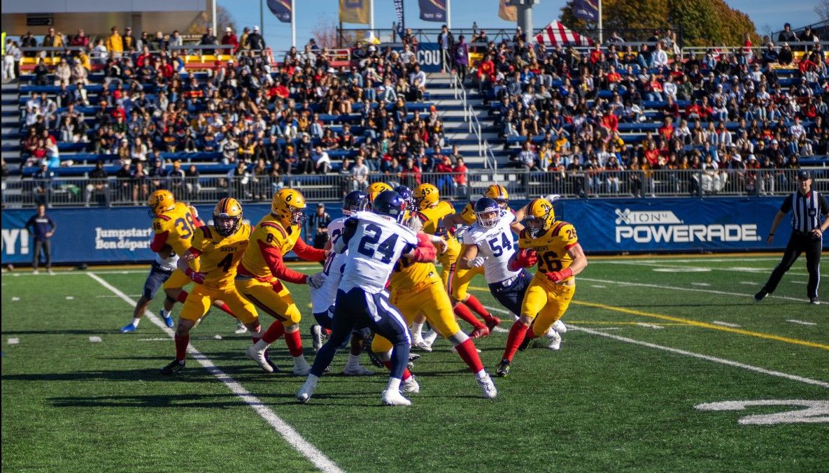 Players on a football field mid-game while a crowd watches