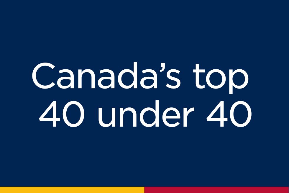 Blue banner that reads 'Canada's top 40 under 40' with a line yellow and red below.