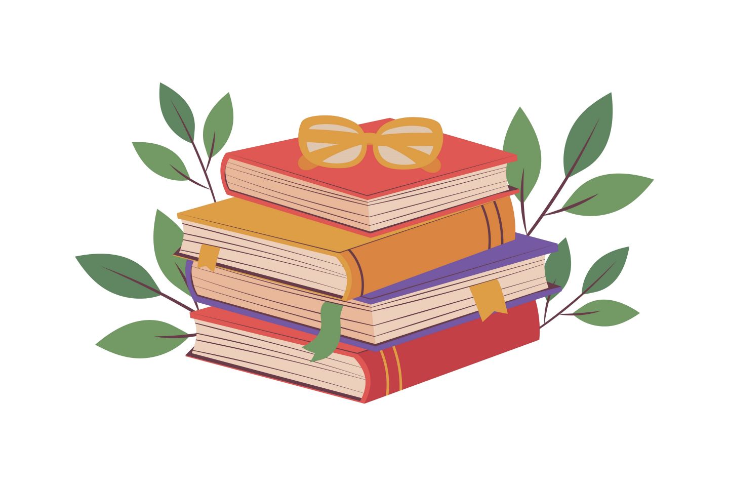 Graphic of a stack of four books with sunglasses sitting on top. A few green sprigs are sticking out of the books.  