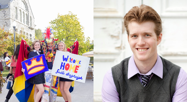 Peter Bearse in a collared shirt and tie, and Peter Bearse in outlandish tricolour costume
