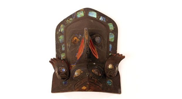 Indigenous frontlet mask made of wood, pain, abalone shell, metal and hide 