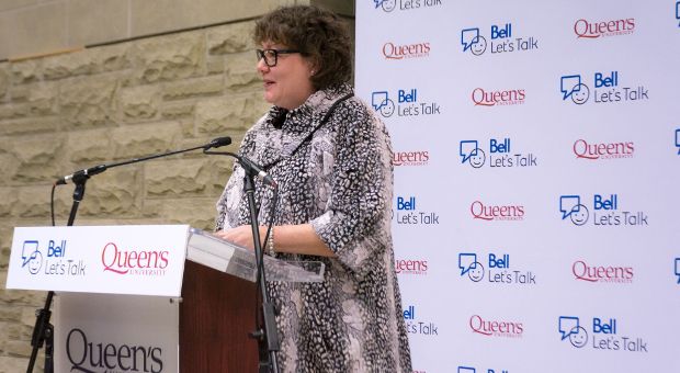 Dr Heather Stuart addresses students at Bell Let's Talk funding announcement