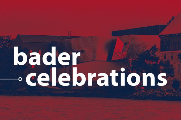 Bader Celebrations graphic with a warm red image of the Isabel Bader Centre for the Performing Arts in the background.