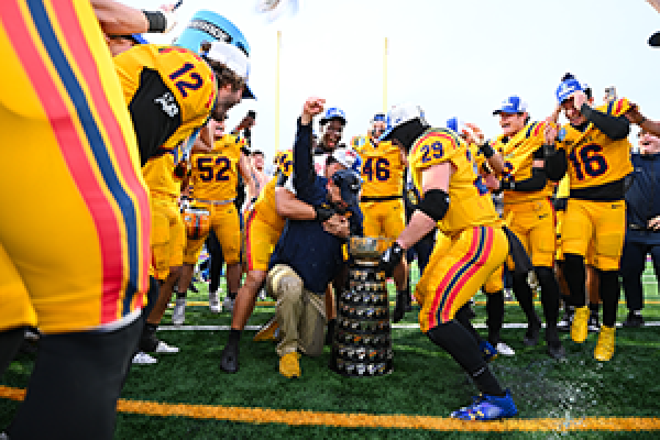 Football team celebrating and holding a cup in the middle of a green field.
